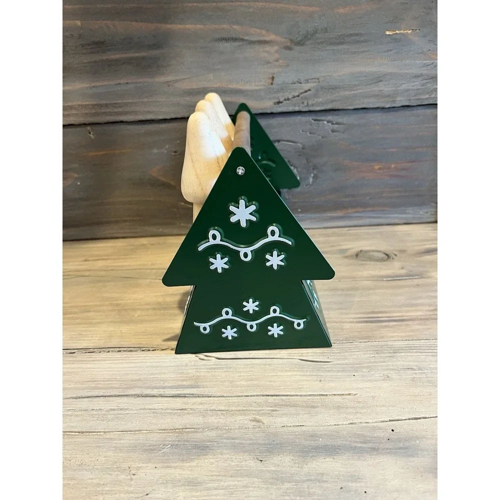 Wooden Christmas Tree Figurines In Green Metal Basket Farmhouse Holiday Decor